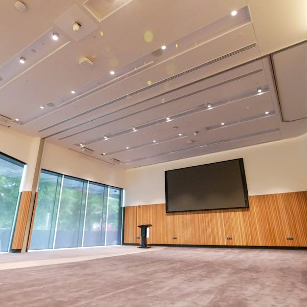 A modern conference room features a podium facing a large screen. Natural light filters through large windows, highlighting the sleek design that embodies the Te Pae brand’s aesthetic.